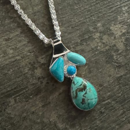 Multi Turquoise Pendant on Silver Chain Necklace