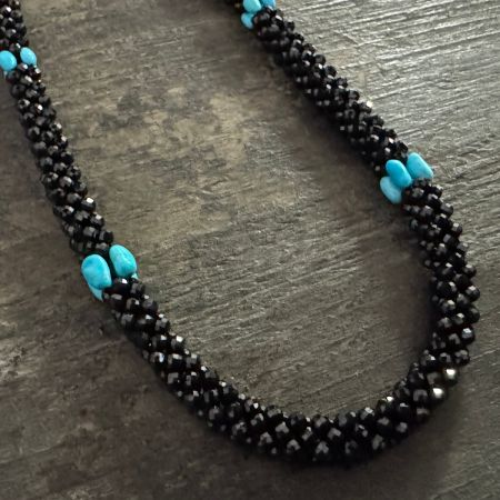 Black Spinel and Azure Peaks Turquoise Woven Necklace