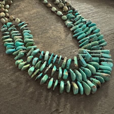 Three Strand Ginkgo Spruce Turquoise and Black Spinel Necklace