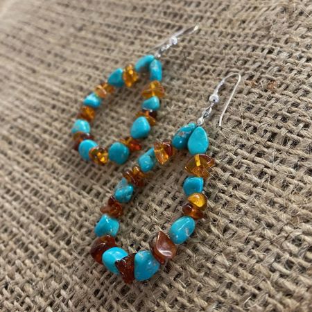 Amber and Turquoise Beaded Hoop Earrings