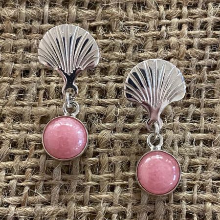 Rhodocrosite and Silver Shell Post Earrings