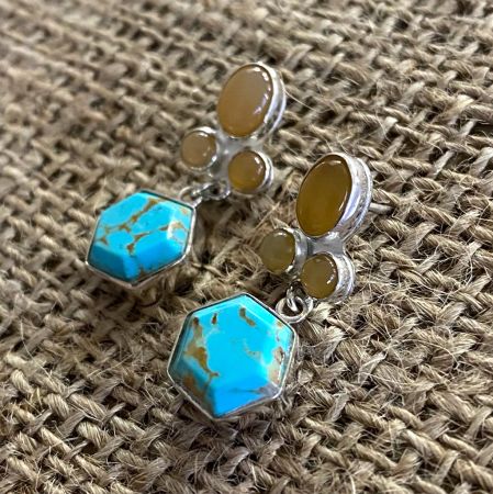 Gold Matrix Turquoise and Mexican Opal Earrings