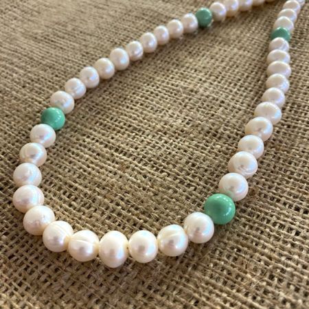 White Pearl and Variscite Rope Necklace