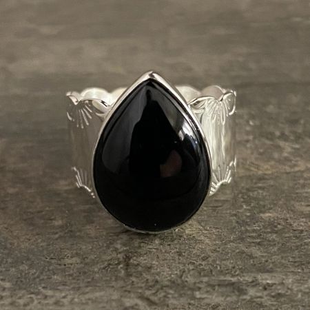 Black Agate Tear Drop Ring - Size 7
