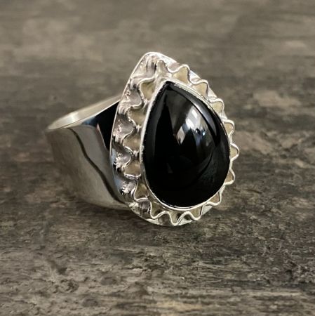 Black Agate Tear Drop Sun Ring - Size 11