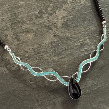 Midnight Chalcedony & Campitos Turquoise "River" Necklace